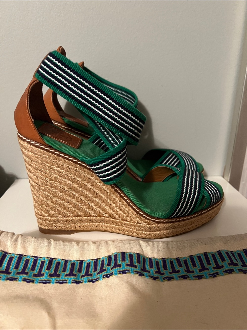 Tory Burch Wedge Green/Navy/White Striped Wedges (Size 10)